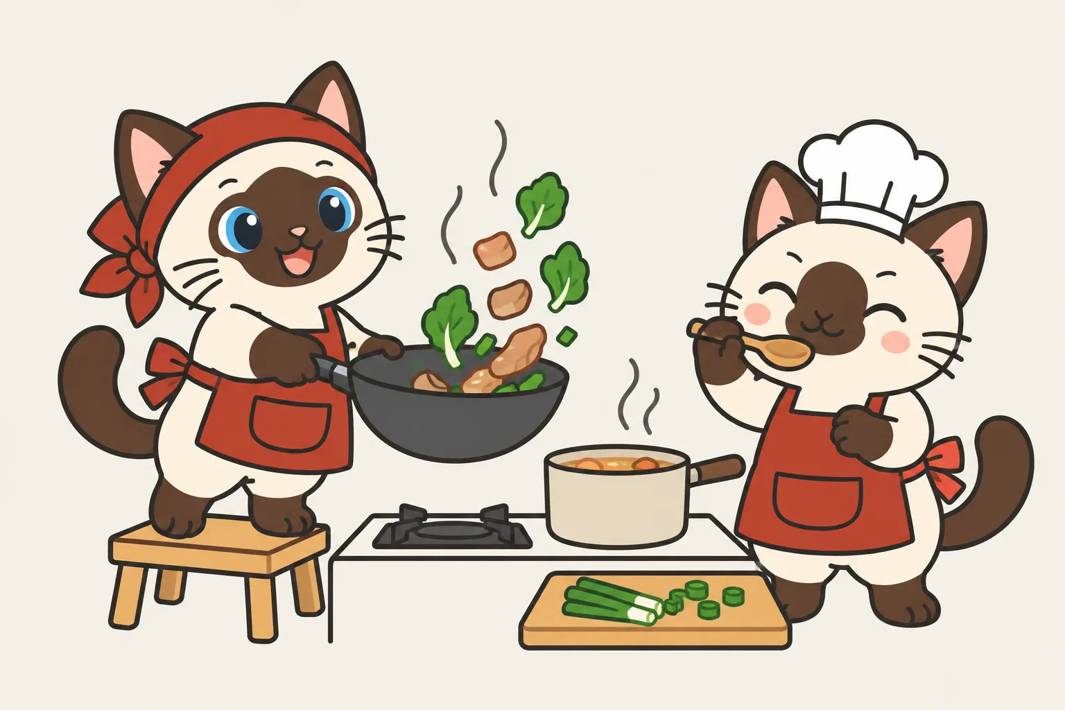两只暹罗猫在灶台前一起做饭：一只站在小板凳上颠锅，一只在旁边尝汤