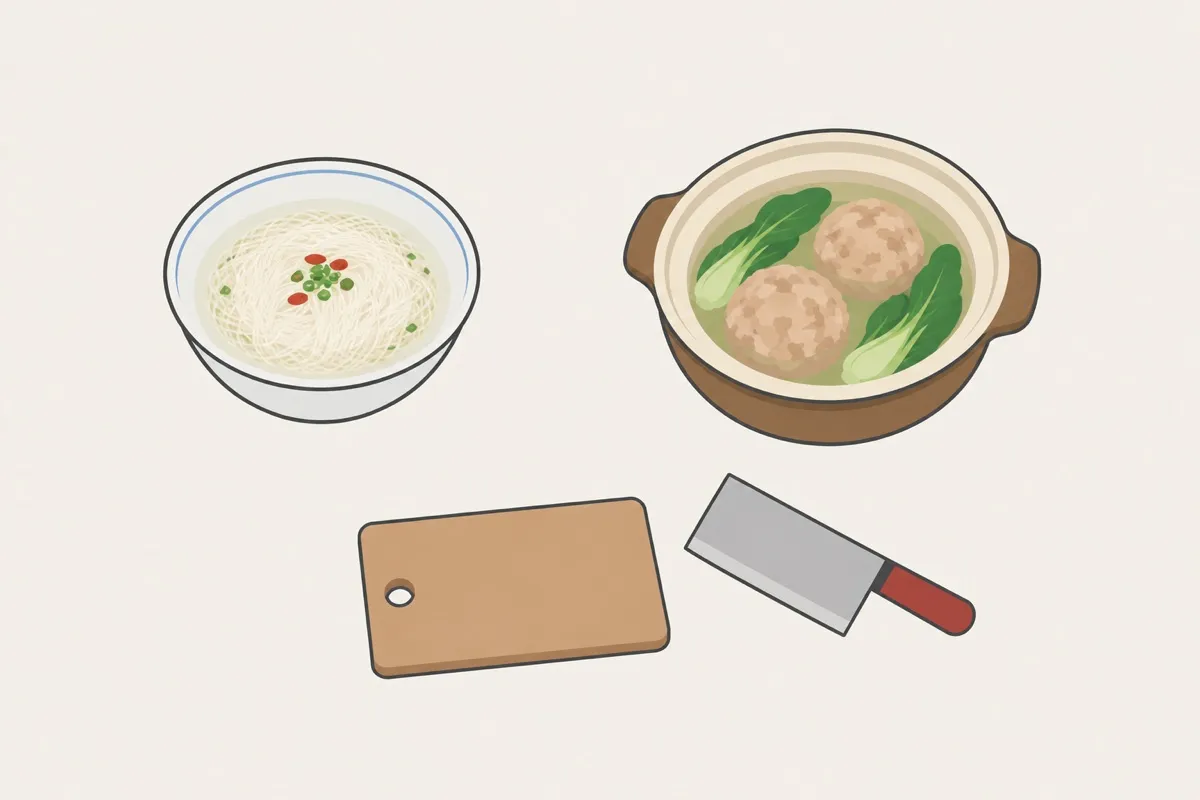 文思豆腐、清炖狮子头、菜刀和砧板